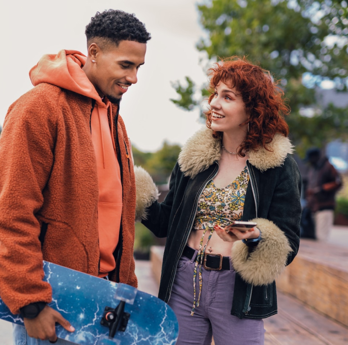 man and woman talking