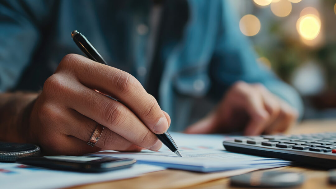 hand writing with pen and calculator